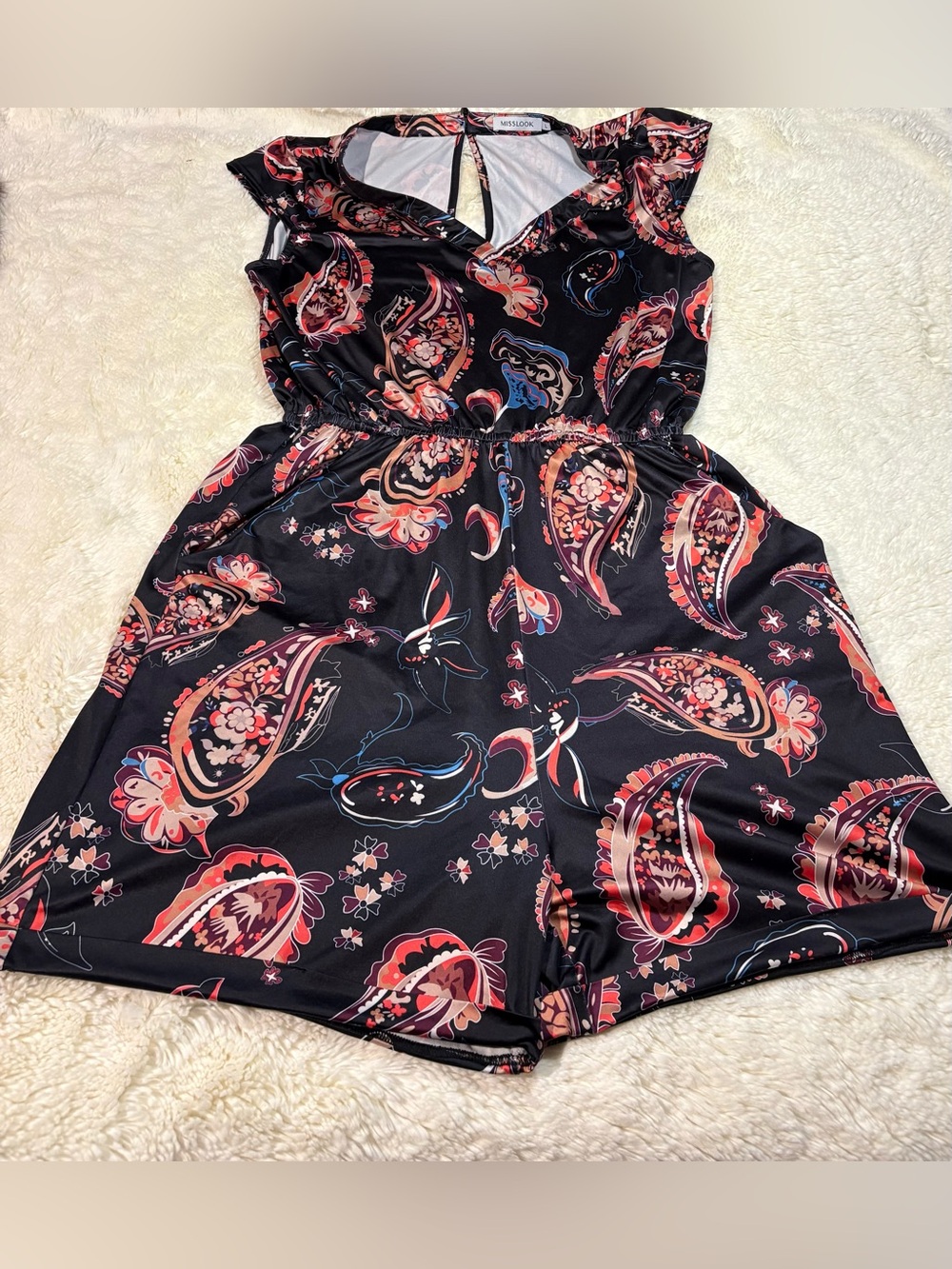 MISSLOOK Black Paisley Romper with Coral and Blue Accents